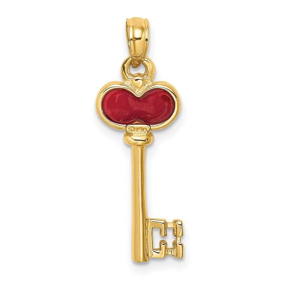 14k Yellow Gold Polished 3D Enameled Heart Key Charm